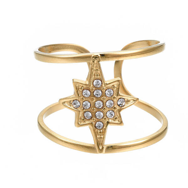 304 Stainless Steel Star Open Cuff Ring with Rhinestone