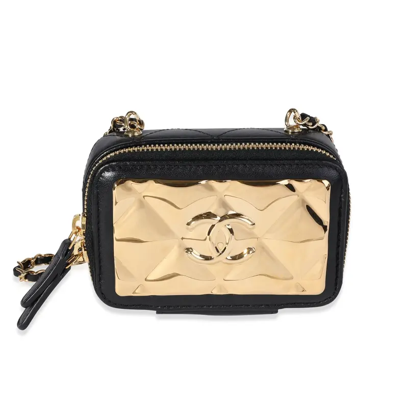 Pre-owned CHANEL Leather Crossbody Bag;Evening Bag;Shoulder Bag Gold Quilted Metal & Black Lambskin Mini Vanity Bag Purse Wom...