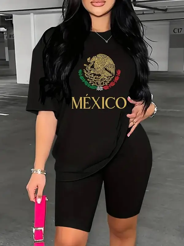 Soft & Comfy T shirt America Cup Mexico Print Casual  Short Sleeve Crew Neck T-shirt, Women's Clothing