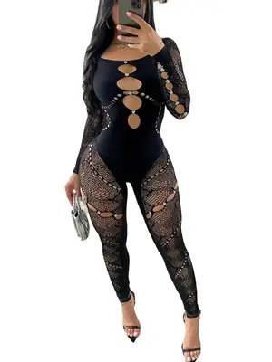 Women's Sexy Style Rhinestone Decor Jumpsuit, Fitted Lady Cut Out Long Sleeve Skinny Jumpsuit for Daily Outdoor Wear, Ladies ...