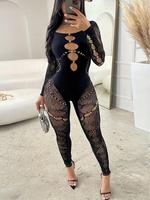 Women's Sexy Style Rhinestone Decor  Jumpsuit, Fitted Lady Cut Out Long Sleeve Skinny Jumpsuit for Daily Outdoor Wear, Valent...
