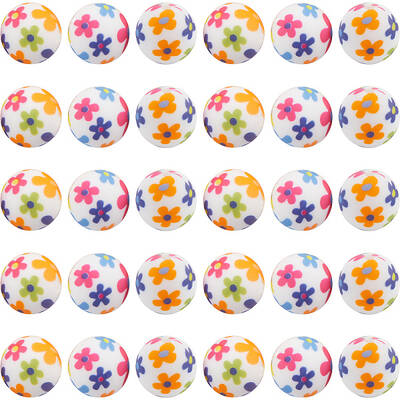 30pcs Round with Flower Pattern Silicone Focal Beads