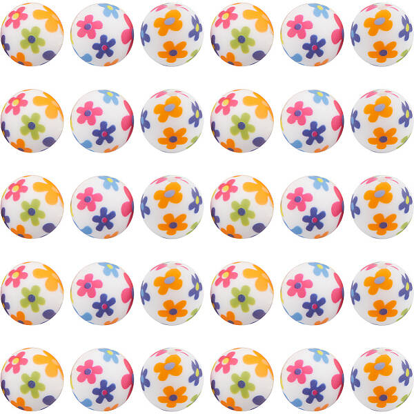 30pcs Round with Flower Pattern Silicone Focal Beads