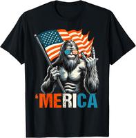 [100% Cotton]Bigfoot Merica Rock American Flag Patriotic 4th Of July T-Shirt Graphic Tees