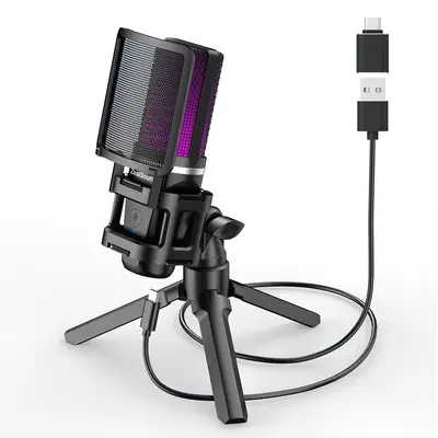 USB Microphone with RGB Light & Tripod Stand, USB Type-C Microphone, Computer Microphone, Compatible with PC & Type-C Interfa...