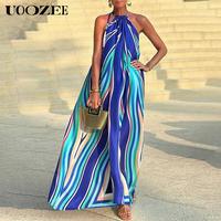 Loose Sleeveless Colorful Striped Halter-Neck Maxi Dresses Summer Blue