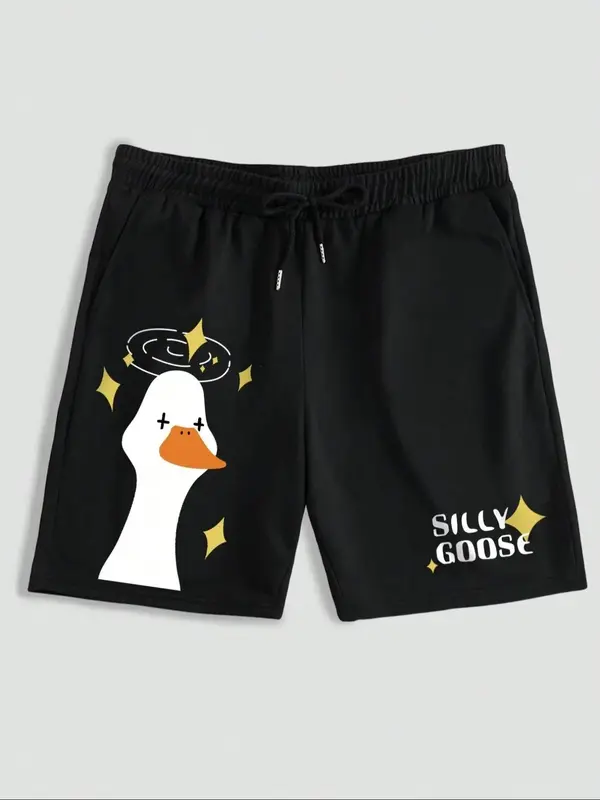 Men's Cartoon Goose & Letter Print Drawstring Sleep Shorts, Regular Fit Casual Comfy Elastic Waist Pocket Bottoms for Daily W...