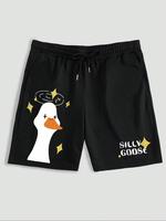 Men's Cartoon Goose & Letter Print Drawstring Sleep Shorts, Regular Fit Casual Comfy Elastic Waist Pocket Bottoms for Daily W...