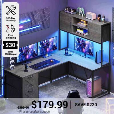 SEDETA ® 62.2 Inch LED Reversible L Shaped Computer Table Corner Gaming Desk with Drawers Hutch Grey Home Office Furniture