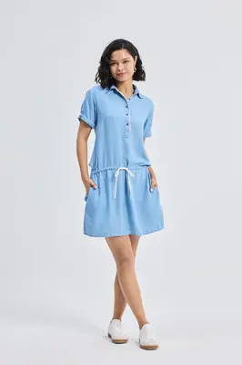 Drawstring Denim Shirt Dress with Front Buttons in Blue | Color: Ocean Blue | Size: 2XL