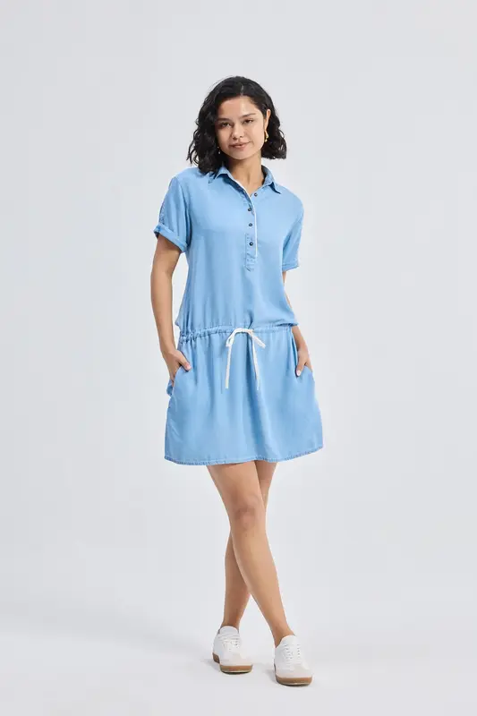 Drawstring Denim Shirt Dress with Front Buttons in Blue | Color: Ocean Blue | Size: 2XL