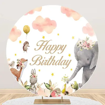Floral Animals Pink Cloud Round Birthday Backdrop - Aperturee