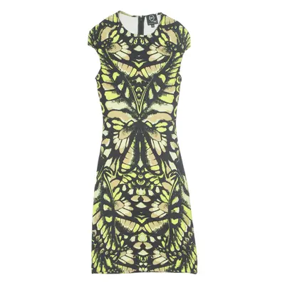 ALEXANDER MCQUEEN Bodycon Dress Black Crazy Pattern Viscose Short Sleeve Midi Womens UK 4