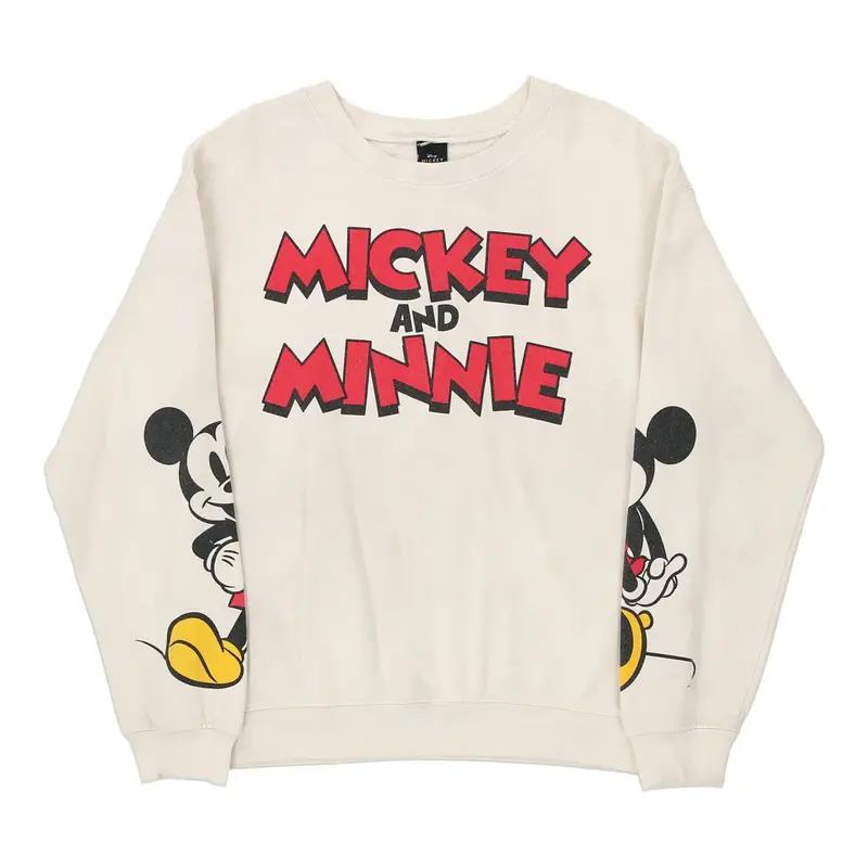 Mickey & Minnie Disney Cartoon Sweatshirt - Medium Cream Cotton Blend