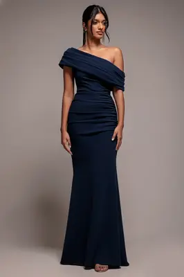 Goddiva Pleated One Shoulder Bardot Fit And Flare Maxi Dress - Navy Blue