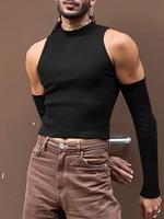 Men's Slim Cold Shoulder Mock Neck Crop Tank Top, Cut Out Long Sleeve T-shirt for Spring & Fall, Comfort Basic Minimalist Men...