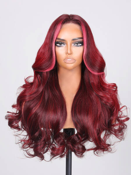 UNice 13X4 Lace Front Deep Burgundy With Pink Face Framing Highlights Loose Wave Wig