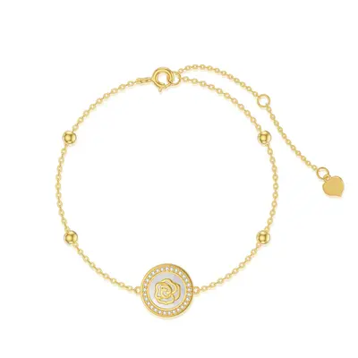 14K Gold Circular Shaped Mother Of Pearl Rose Charm Bracelet