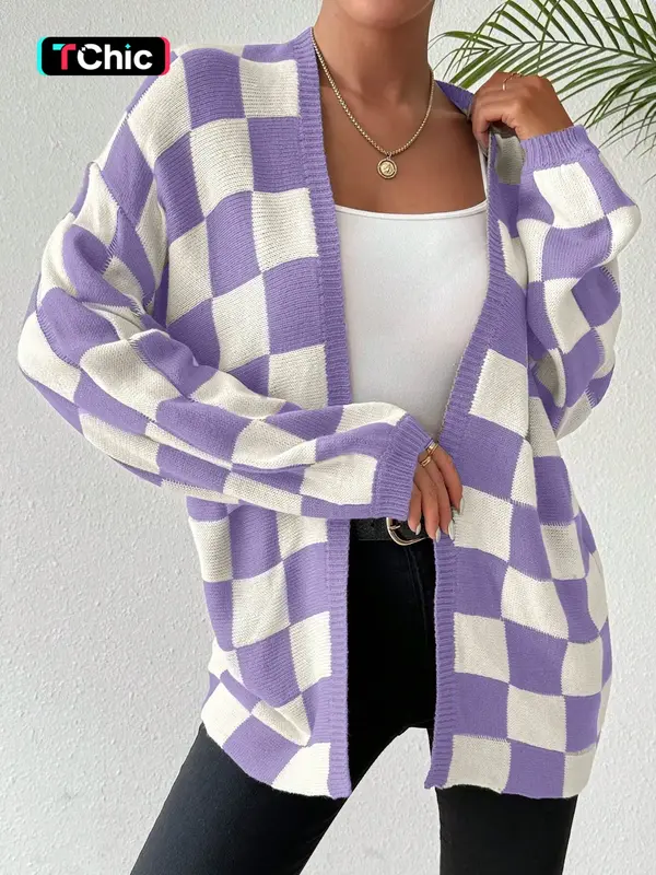 Women's Checkerboard Print Drop Shoulder Cardigan, Casual Fit Long Sleeve Open Front Knitwear for Fall & Winter, Women's Knit...