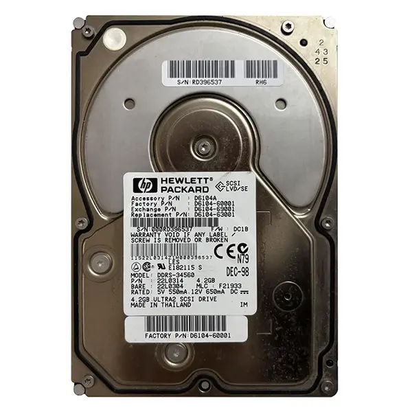 d6104-69001 HP 4.3GB 7200RPM Ultra-2 Wide SCSI Hot-Pluggable LVD 80-Pin 3.5-inch Hard Drive
