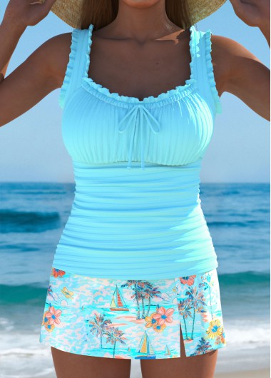 Modlily Mid Waisted Tropical Plants Print Cyan Tankini Set - M