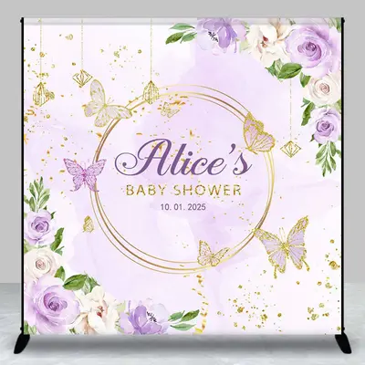 Purple Floral Custom Baby Shower Backdrop For Girls - Aperturee