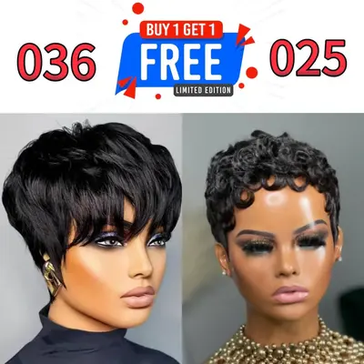 [Combo Sale]ShowReal Buy 1 Get 2 Short Pixie Cut Wig Virgin Human Hair Natural Black Color Straight And Curly With Bangs Full...
