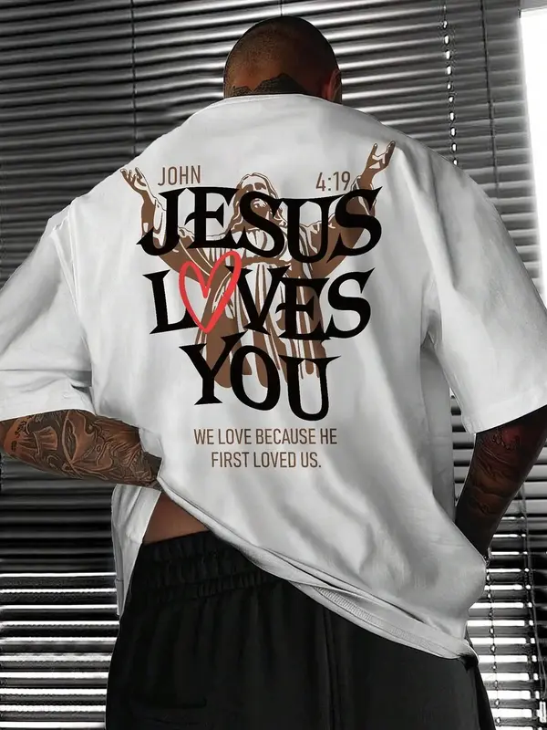 Men's Jesus & Heart Print Drop Shoulder Tee, Casual Comfy Regular Fit Letter Print Half Sleeve Round Neck T-Shirt for Summer...