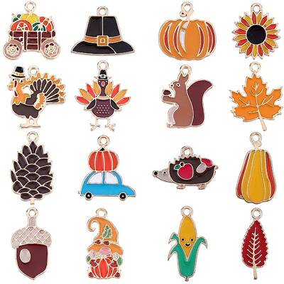 64Pcs 16 Styles Thanksgiving Day Alloy Enamel Pendants