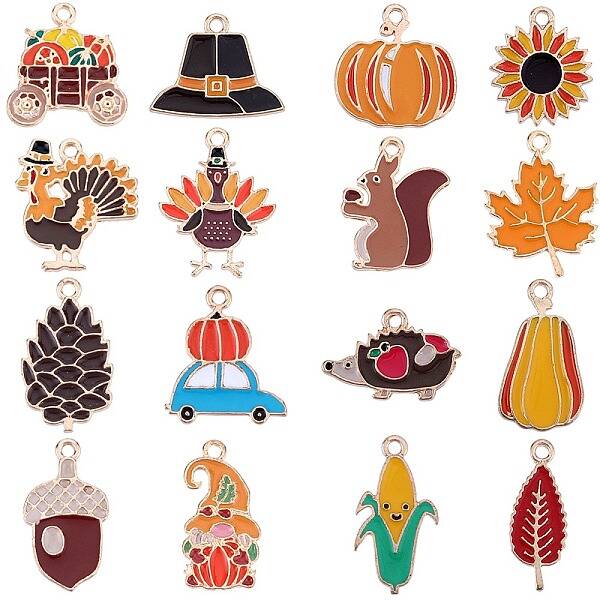 64Pcs 16 Styles Thanksgiving Day Alloy Enamel Pendants