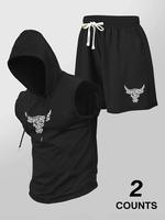 Two-Piece Set Men's Bull Head Print Hooded Tank Top & Shorts, Regular Fit Casual Fashion Cozy Breathable Outfits for Daily Ou...