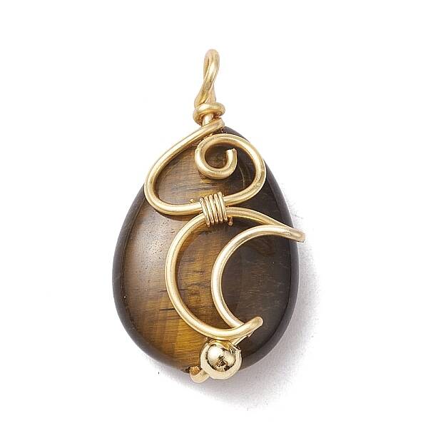 Natural Tiger Eye Copper Wire Wrapped Pendants