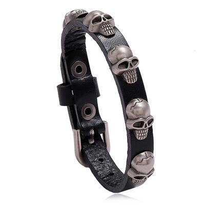 Alloy Skull Rivet Studded Cowhide Cord Bracelet