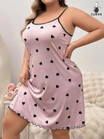 【 Plus Size】 Heart Print Lettuce Trim Cami Nightdress, Casual Soft Comfortable Spaghetti Strap Nightgown for Women, Women...