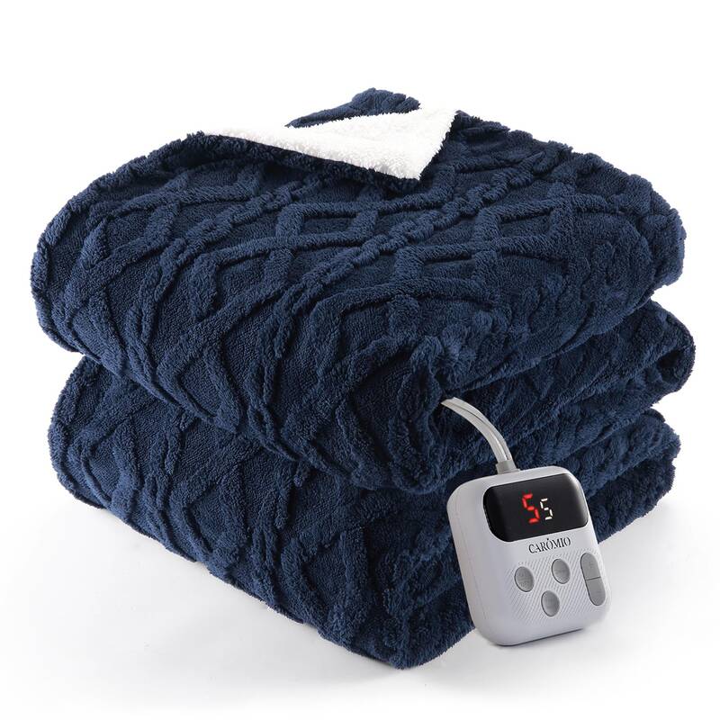 Garvee Electric Blanket Full Size Sherpa Heated 10 Levels 10 Time Settings Thick Tufted Jacquard Machine Washable Navy Blue C...