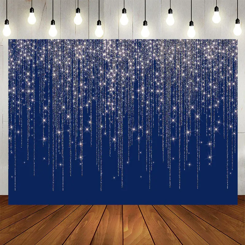 Aperturee Navy Blue Glitter Silver Bar Birthday Backdrop