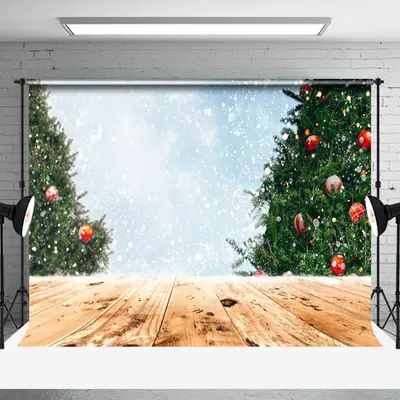 Aperturee Bokeh Snowy Wood Floor Christmas Tree Backdrop - Aperturee