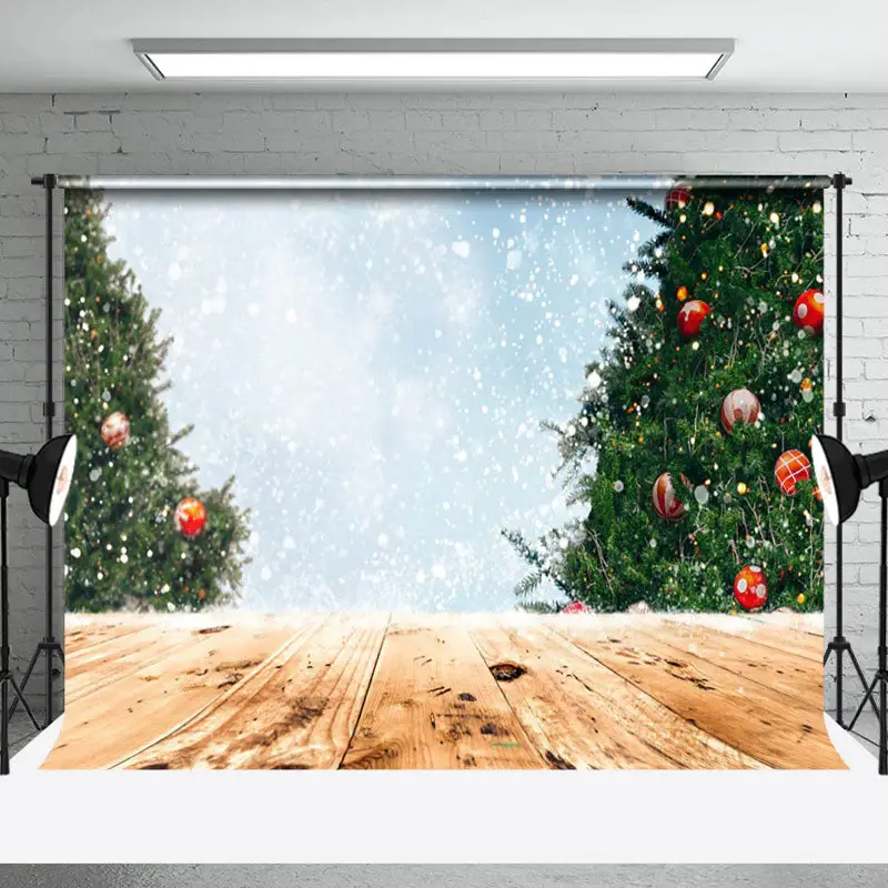 Aperturee Bokeh Snowy Wood Floor Christmas Tree Backdrop - Aperturee