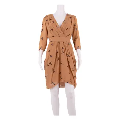 WHISTLES All Over Bird Print Womens Day Dress Brown Silk Knee Length UK 12