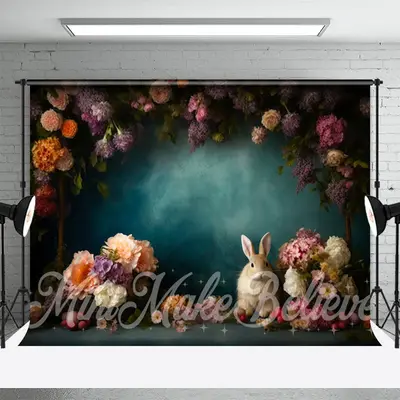Dark Green Wall Rabbit Flowers Fine Art Backdrop - Aperturee
