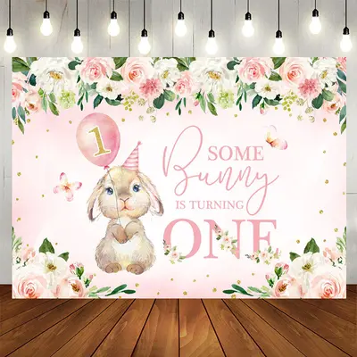 Pink Flowers Bunny Balloons 1st Birthday Backdrop - Aperturee