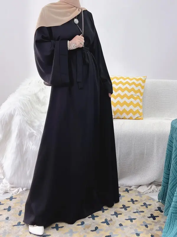 Arabic Clothing-Solid Belted Flounce Sleeve Arabian Dress without Hijab, Modest Long Sleeve Dress, Women's Islamic Clothing f...