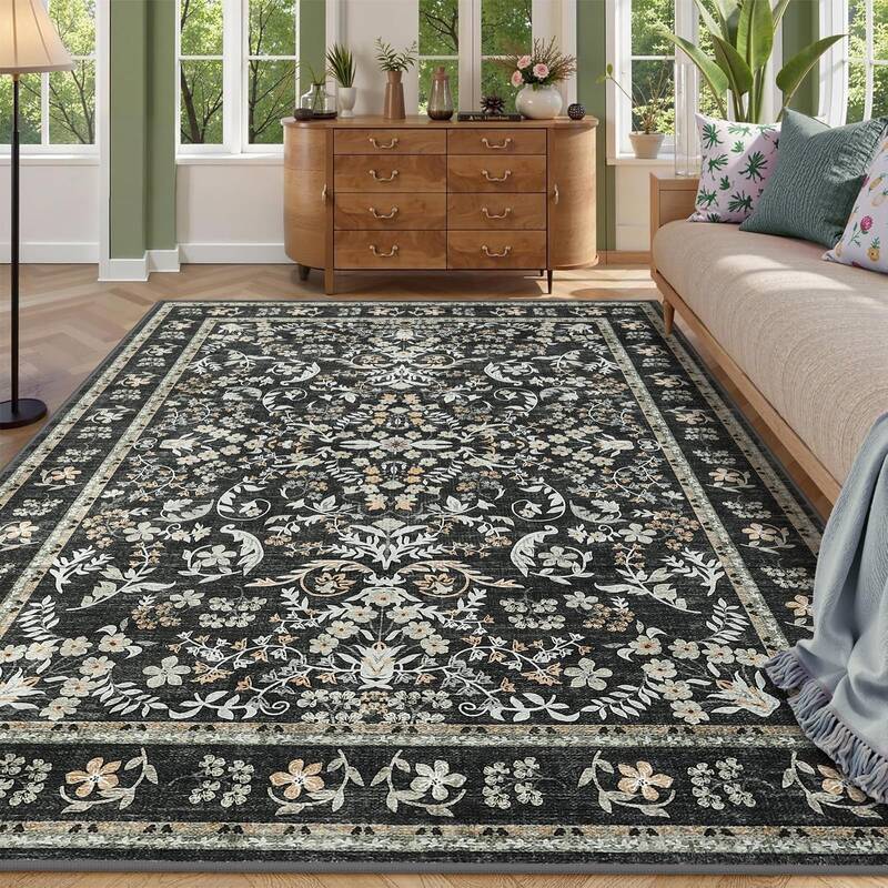 Garvee Washable Area Rug 9x12 Boho Floral Soft Non Slip Low Pile Carpet Black for Living Room Bedroom Dining Room Nursery Hal...
