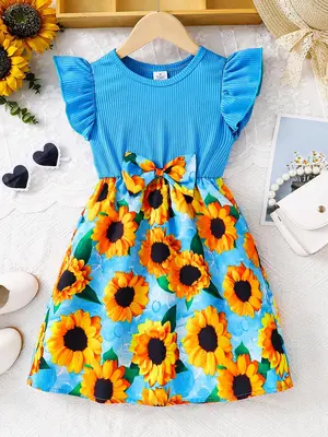 Girl's Sunflower Print Bow Decor Dress, Casual Round Neck Knit Dress for Summer, Kids Clothes for Daily Wear, Floral Printed ...