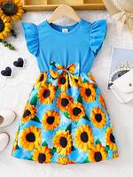 Girl's Sunflower Print Bow Decor Dress, Casual Round Neck Knit Dress for Summer, Kids Clothes for Daily Wear, Floral Printed ...
