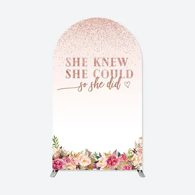 Aperturee She Did Pink Floral Glitter Arch Graduation Backdrop | Round Arch Backdrop Cover | Diy Chiara Backdrop Cover | Wedd...