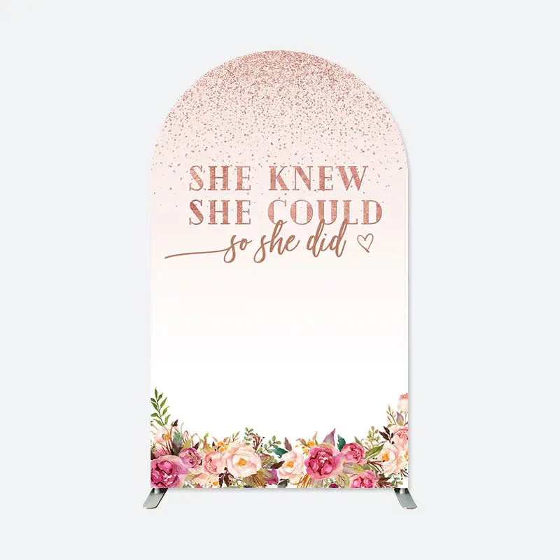 Aperturee She Did Pink Floral Glitter Arch Graduation Backdrop | Round Arch Backdrop Cover | Diy Chiara Backdrop Cover | Wedd...