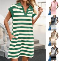 FMEYOA Womens Summer Fashion Striped Mini Dress Fit Loose Casual Cap Sleeve V Neck T-Shirt Dresses with Pockets