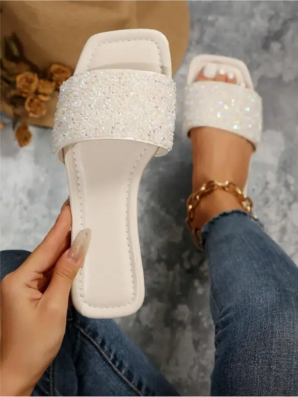 Rhinestone Decorated Slip on Flat Sandals for Women, Girls Birthday Gift, Casual Soft Sole Sandals, Summer Beach Comfort Foot...