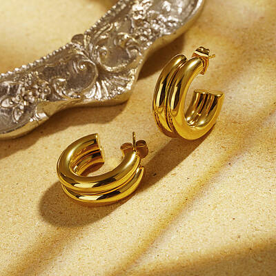 Elegant Stainless Steel Double Layer C-shaped Half Hoop Stud Earrings for Women